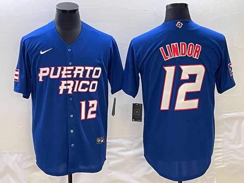 Men 2023 World Cub Puerto Rico #12 Lindor Blue Nike MLB Jersey11